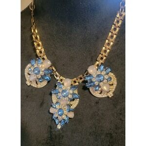 Vintage Bib Statement Blue White Crystal Rhinestone Floral Gold Tone Necklace